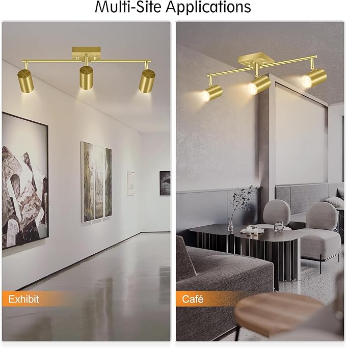 BoostArea 3 Light Track Lighting Fixtures Ceiling, Gold Kitchen Lighting Fixtures Ceiling, LED Track Lighting Kit, Rotatable Light Heads, Modern Track Lights for Kitchen/Living Room/Hallway, No Bulb