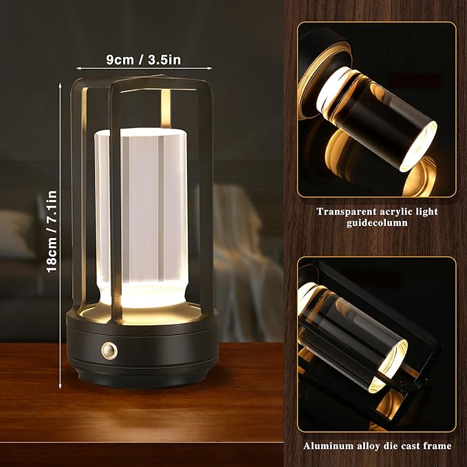 Anxingtools Portable Metal Table Lamp, Cordless Table Lamp, Rechargeable Battery Powered Portable LED Desk Lamp, 3 Color Stepless Dimming Touch, for Bedroom Restaurant Home Outdoor (2 Set of Black)