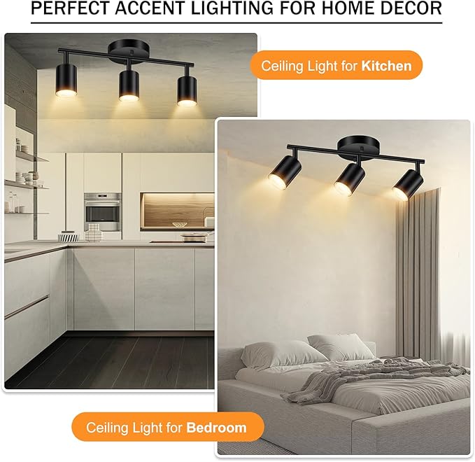 LED Track Lighting Fixtures Ceiling, Black 3-Light Track Lights for Kitchen, 3 Way Ceiling Spotlight, Flexibly Rotatable Wall Mount Light Head for Bedroom Hallway, Bulb Not Included