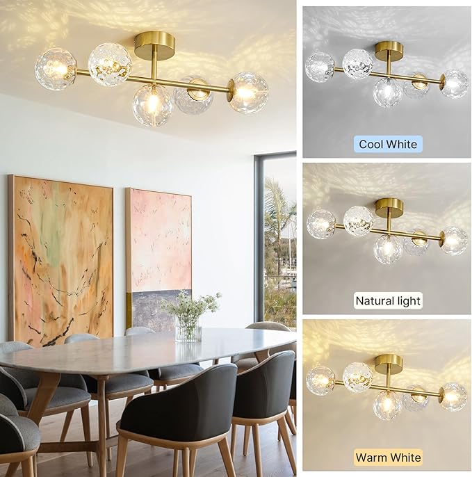 Modern Globe Glass Ceiling Light: 27 Inch Semi Flush Mount Light with Hammered Clear Glass Shade - 5 Lights Gold Ceiling Lighting Fixture - Dimmable Linear Chandelier for Bedroom Living Room Entryway