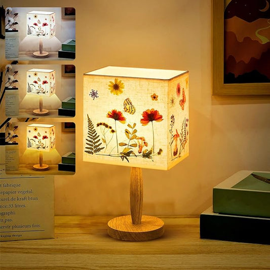 Hortsun Pressed Flower Lamp Vintage Table Small Lamp Cottagecore Decor Boho Night Light Decorative Rustic Night Light for Bedroom, Living Room or Office, Valentine Gift for Women(Square)
