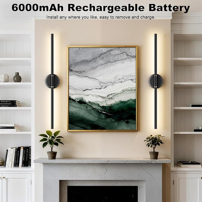 Battery Operated Wall Sconces Set of 2, Dimmable 6000mAh Rechargeable Wall Lights, LED Wall Lamp with Remote Control