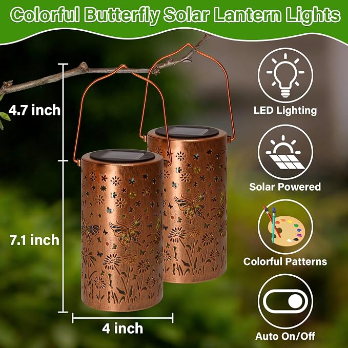 2Pack Colorful Butterfly Solar Lanterns Outdoor Decor, Garden Decor Gifts for Women Mom Sister Grandma, LED Hanging Solar Lantern Lights Outside for Table Yard Lawn Garden Path Porch