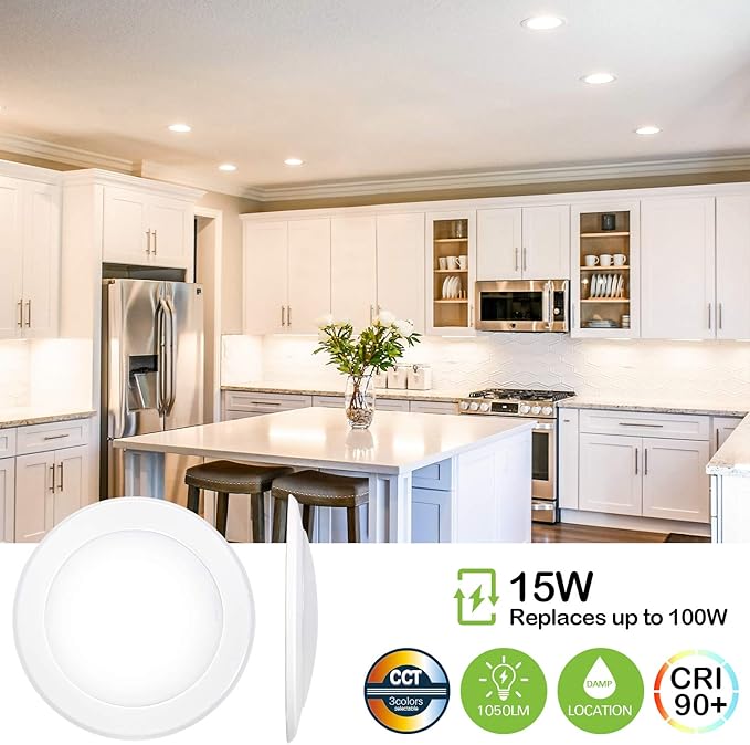 5/6 Inch Selectable CCT LED Disk Light Flush Mount, 3000K/4000K/5000K Adjustable, Dimmable Recessed Retrofit Ceiling Light, CRI90, 1050lm, 15W, Installs Into Junction Box or Recessed Can, 12 Pack