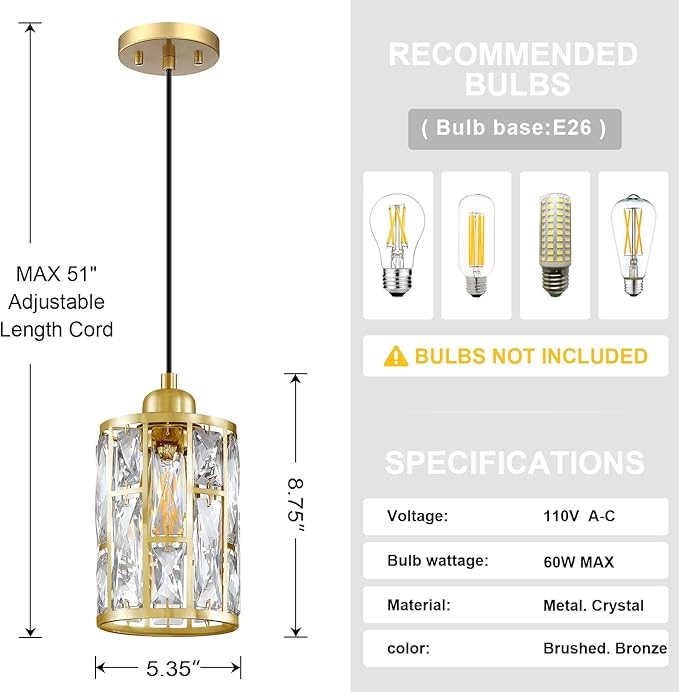 3 Pack 1 Light 5.4" Crystal Shade Hanging Kitchen Island Pendant Light Gold Finish,Modern Pendant Fixture with Crystal Metal Shade for Bar,Dining Room,Living Room Over Sink