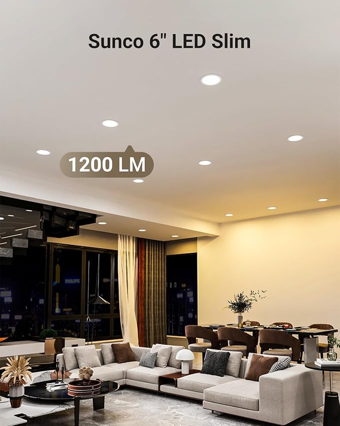 Sunco 12 Pack 6 Inch LED Recessed Light, Canless Ceiling Lights Slim with Junction Box, 1200 LM, 14W (100W Equivalent), Selectable CCT 2700K/3000K/4000K/5000K/6000K, Dimmable, Wafer Thin ETL