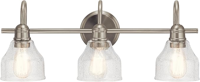Kichler Avery 24" Vanity Bath Light in Brushed Nickel, Vintage 3-Light Bathroom Wall Mount Fixtured with Clear Seeded Glass, (24" W x 9.25" H), 45973NI