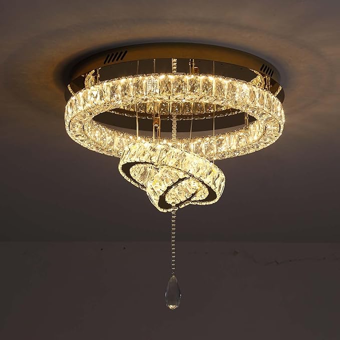 Flashing God Dia 20" Modern Crystal Chandelier for Dining Room Silver Ceiling Chandelier Flush Mount Ceiling Light for Living Room Bedroom Hallway LED Light Fixture Dimmable with Remote