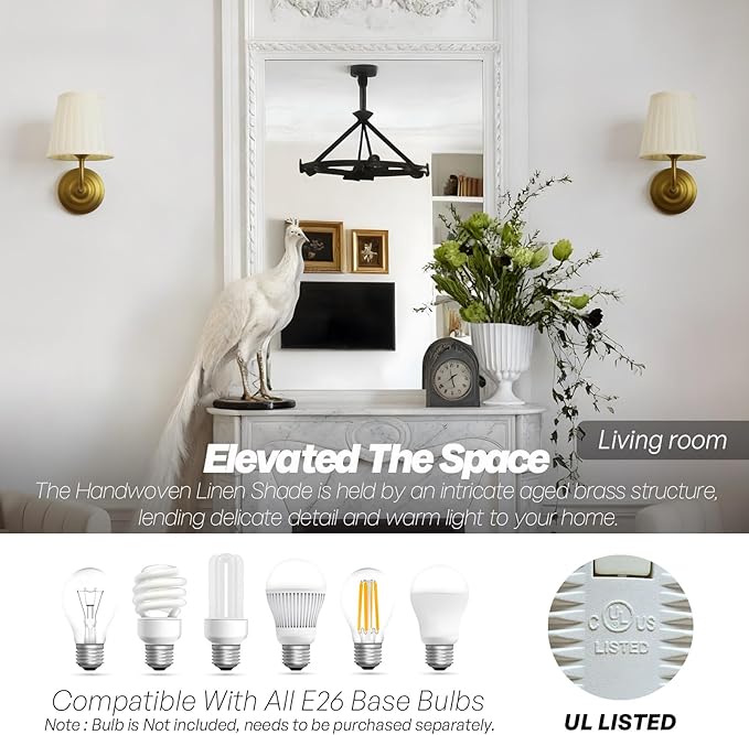 Vintage Gold Wall Sconce Light Brass Bathroom Vanity Light with Cream Fabric Shade Hardwire Modern Wall Sconces Lamp for Bedroom Living Room Bathroom Kitchen Indoor E26