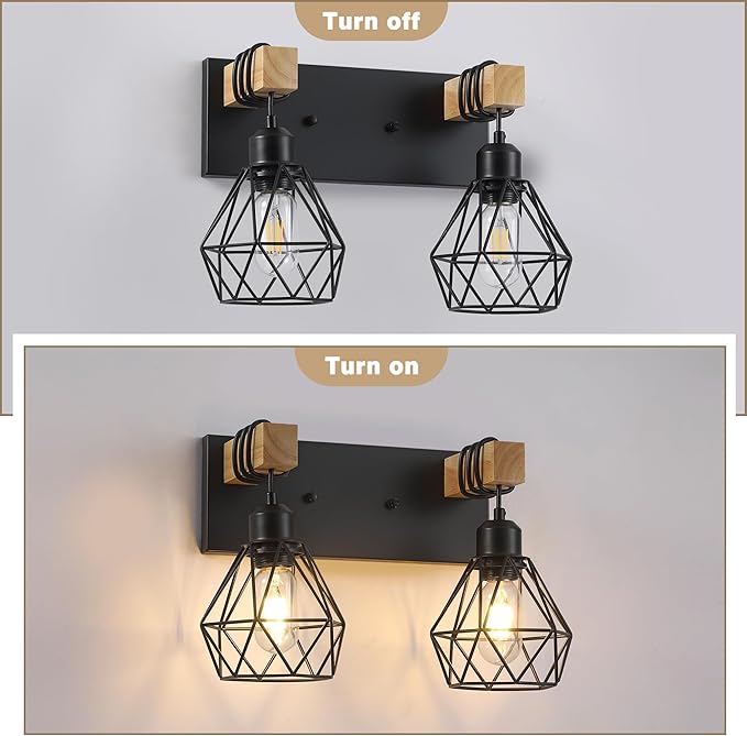 Farmhouse Bathroom Vanity Light Fixtures, 3-Light Wood Bathroom Light Fixtures Over Mirror, Rustic Sconces Wall Lighting with Elegant Metal Lampshade for Living Room, Bedroom, Hallway