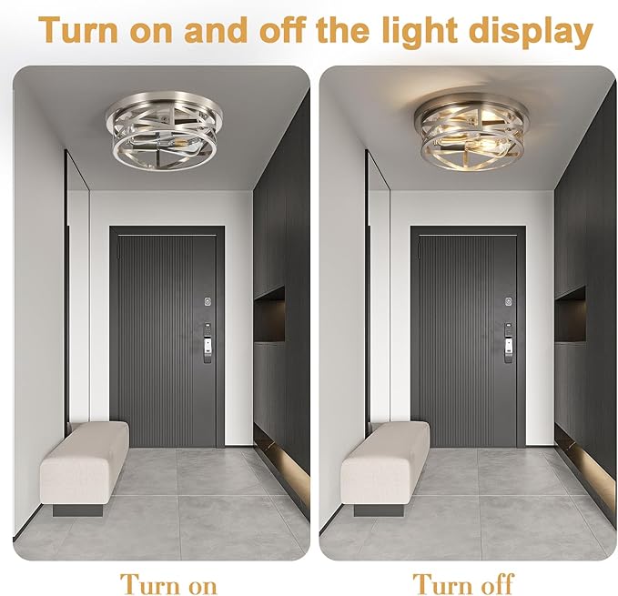 Brushed Nickel Flush Mount Ceiling Light Fixture,2-Light Industrial Farmhouse Ceiling Light Fixture，Brushed Nickel Light Fixture Ceiling Mount for Kitchen Bedroom Living Room 1 Pack