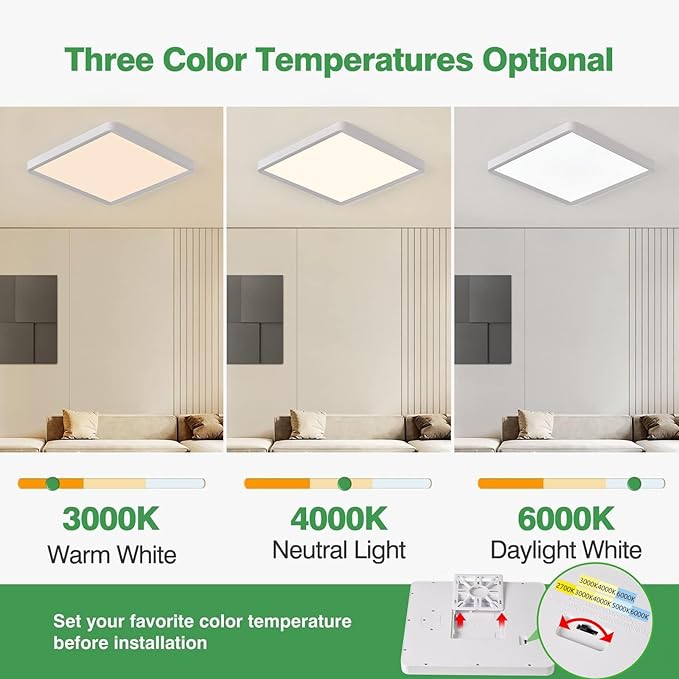 16 Inch Square LED Flush Mount Ceiling Light 2 Pack, 36W 3600LM, 3000K/4000K/6000K CCT Selectable, White Super Slim Low Profile Ceiling Light Firxtue for Bedroom/Kitchen/Living room/Dinning room