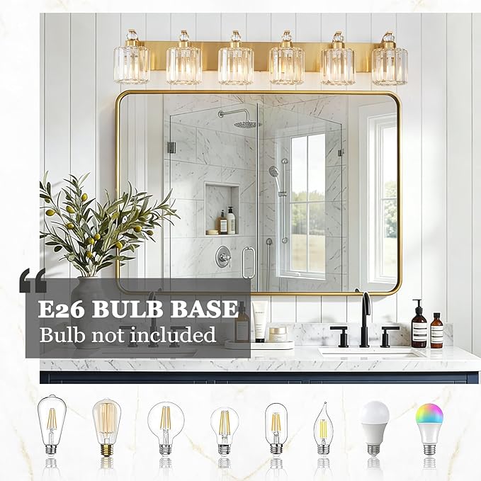 6-Lights Brushed Brass Bathroom Light Fixture Gold Vanity Lights Modern Crystal Bathroom Vanity Lighting Over Mirror Wall Sconce with K9 Crystal Shade E26 Base for Living Room, Bedroom Wall Lamp