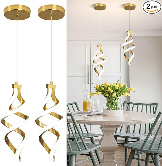 Modern LED Pendant Light Fixture, 15W Spiral Led Chandelier Hanging Lamp, 4500K Pendant Lights Kitchen Island, Adjustable Height Pendant Light for Dining Room Bedroom Kitchen Island Cafe(2 pack)