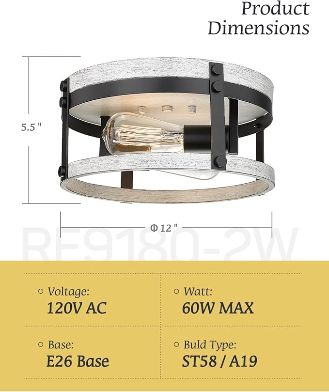 2-Light Farmhouse Ceiling Light, 12 inch Oak White Kitchen Flush Mount Ceiling Light, Round Rustic Light Fixtures with Wood Finish for Hallway Entryway, OS-3016WH