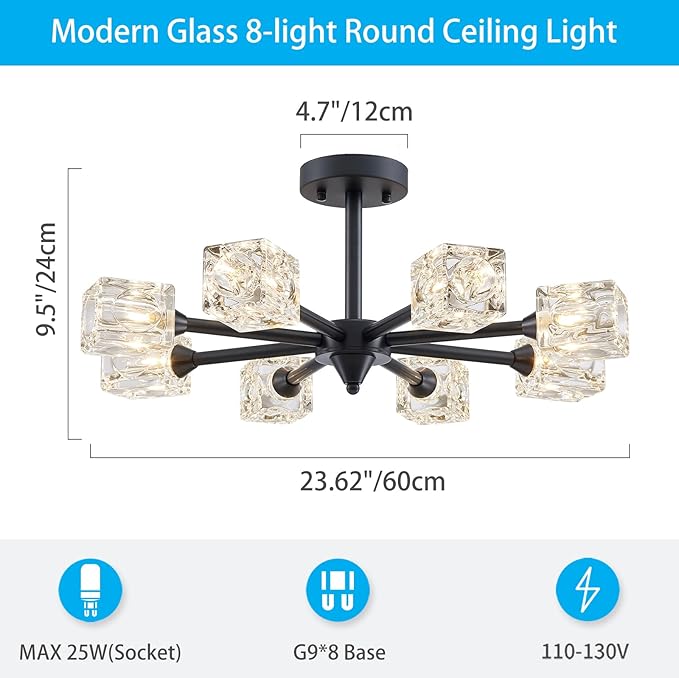 XINGQI 8 Lights Ceiling Light Fixture Farmhouse Semi Flush Mount Ceiling Light Industrial Black Glass Sputnik Chandelier for Bedroom Hallway Dining Room Powder Room
