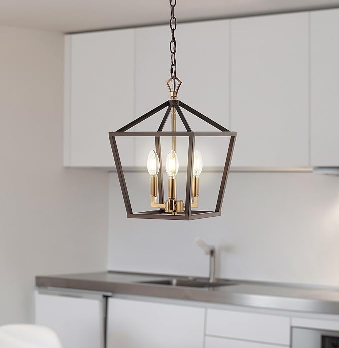 JONATHAN Y 10" Oil Rubbed Bronze/Brass Gold 3-Light Pagoda LED Pendant Lantern, Classic Modern Farmhouse Chandelier for Kitchen Island, Dining Room, Entry, Foyer, Rustic Iron Frame (JYL7601D)