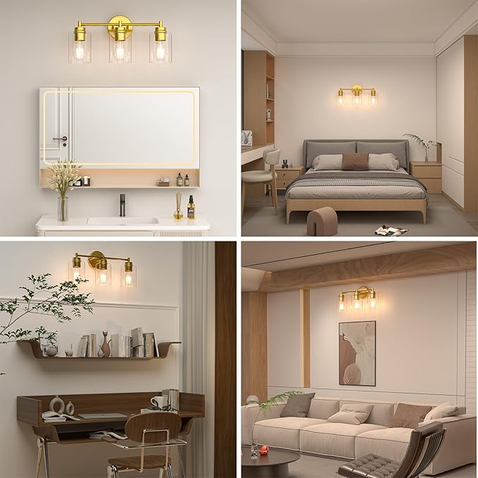 Bathroom Vanity Light Fixtures, 3-Light Brushed Gold Wall Sconce with Clear Glass, Modern Vanity Lights Over Mirror for Bathroom, Kitchen, Living Room, Mirror, E26 Base(Bulbs Not Included)
