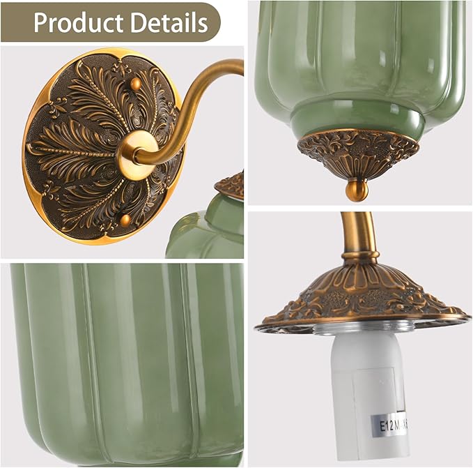 LOUSACE Antique Gold Wall Sconce with Green Milk Glass Shade, Vintage Brass Wall Light Fixture, Mid Century Restro Bathroom Vanity Light, Indoor Lighting for Bedroom Living Room Hallway