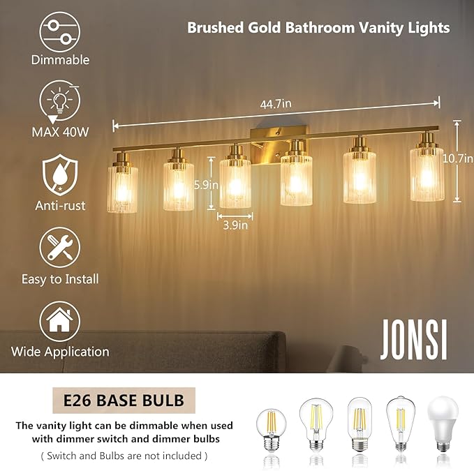 Jonsi Brushed Gold Bathroom Light Fixtures, 6-Light Brushed Gold Vanity Light, Bathroom Vanity Light with Stripe Glass Shade, E26 Wall Sconces Over Mirror for Bathroom, Living Room, Hallway