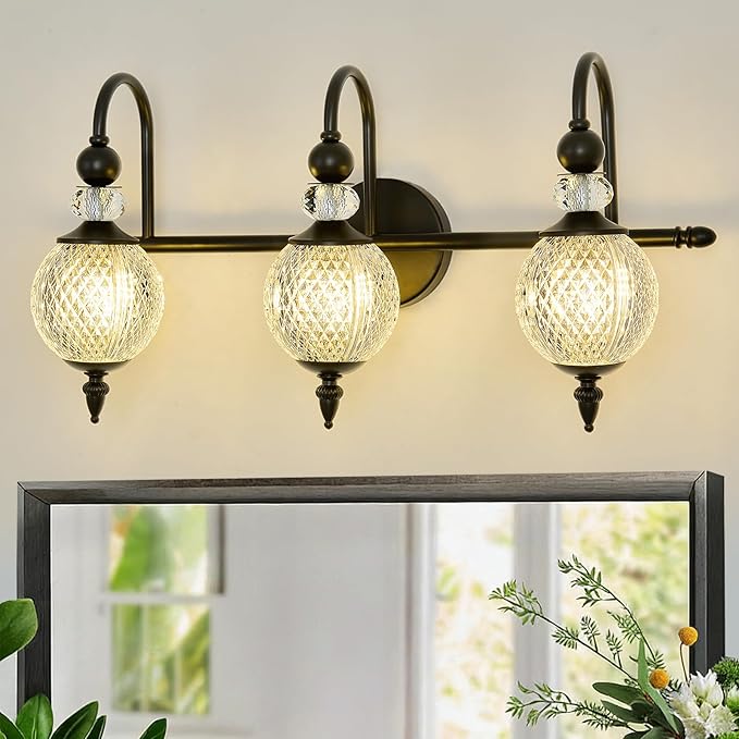 Vintage Vanity Light 3 Lights Black Bathroom Light Fixtures Over Mirror with Acrylic Globe Shade