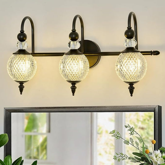 Vintage Vanity Light 3 Lights Black Bathroom Light Fixtures Over Mirror with Acrylic Globe Shade