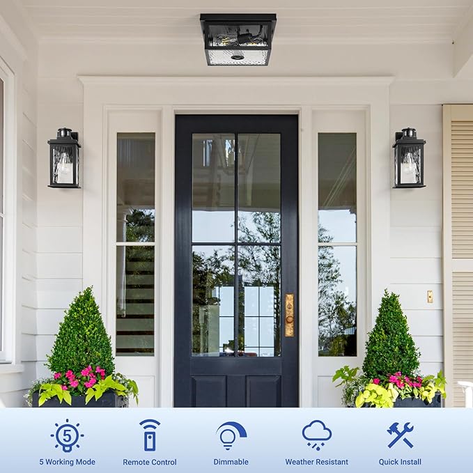 VIANIS Black Motion Sensor Outdoor Ceiling Light with Remote Control, Flush Mount Ceiling Lighting for Porch, Garage, Entryway, Adjustable Distance Time, 5 Modes, Water Ripple Glass, 2-Light(No Bulbs)