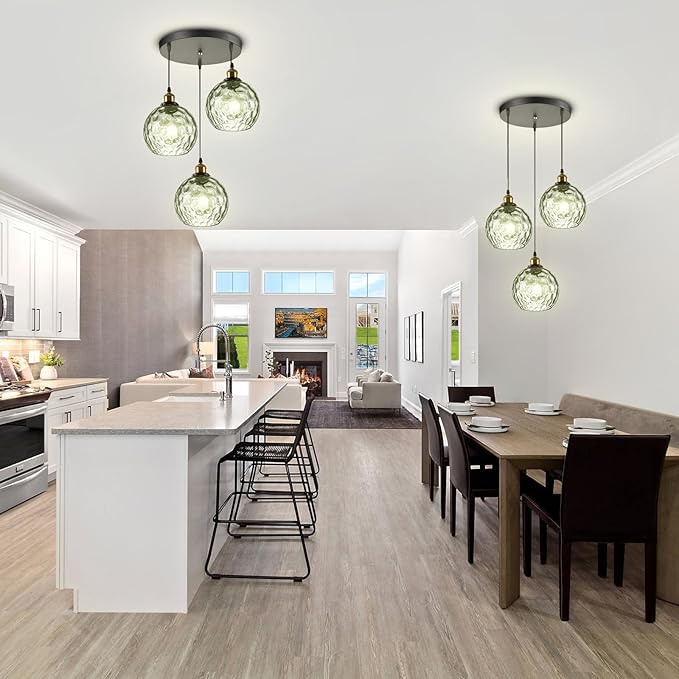 3-Light Pendant Lighting Green Hammered Glass Kitchen Light Fixtures Ceiling Hanging Kitchen Lights Over Island Mid Century Modern Globe Cluster Chandelier Black and Gold for Dining Room