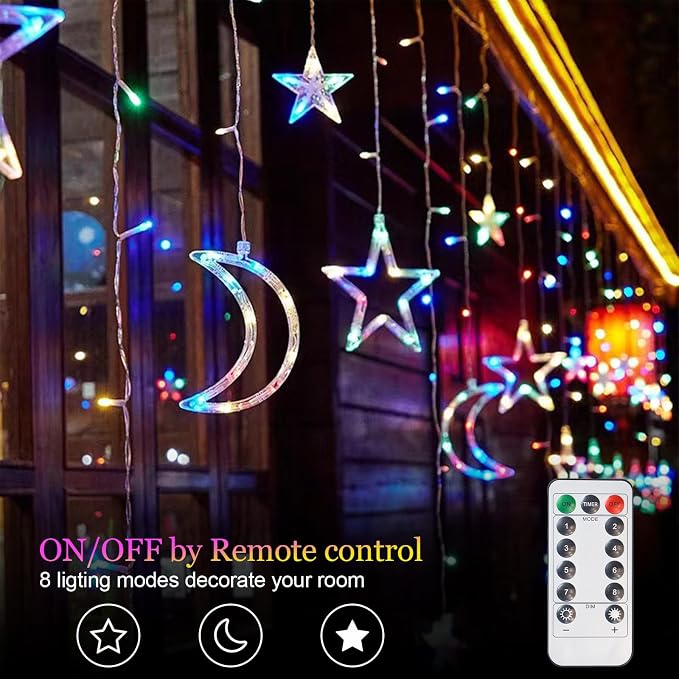 Lemical Star Moon Curtain Lights 11.5ft Battery Powered Remote Control LED Fairy Light Strings,8 Flashing Modes Waterproof Decorative Lights for Christmas, Party, Bedroom Decorations(Multicolored)