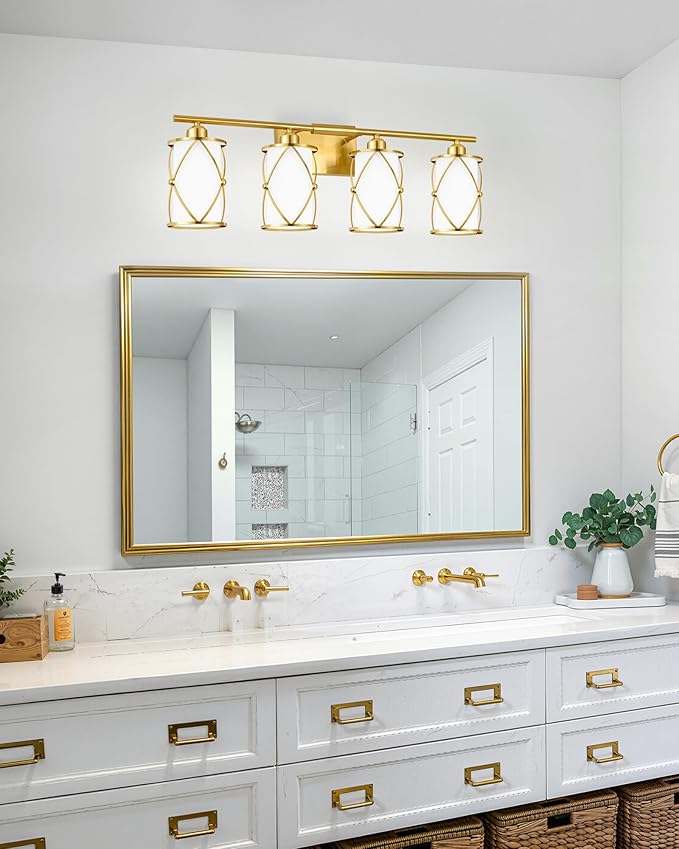 4-Light Brushed Gold Bathroom Light Fixtures with Milk Frosted Glass, 29" Modern Bathroom Vanity Lighting Fixtures Over Mirror with Metal Cage, Wall Sconce Lights for Bath, E26, CH9176BGW-4W