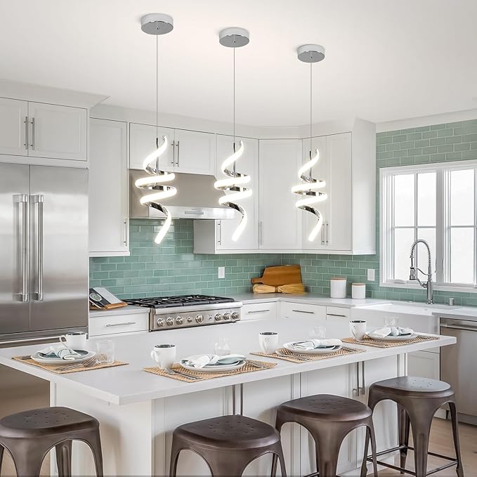 Modern Spiral LED Pendant Lights Kitchen Island, 22W Adjustable Height Hanging Light Fixture 5500K Chrome Chandelier for Dining Room Cafe Table, 3 Pack
