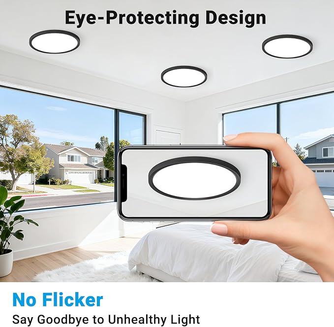 4 Pack LED Flush Mount Ceiling Light,7Inch 15W,3000K/3500K/4000K/5000K/6500K 5 Color Temperatures Ceiling Light Fixture for Kitchen Porch Hallway Bedroom Bathroom and Closet,Black