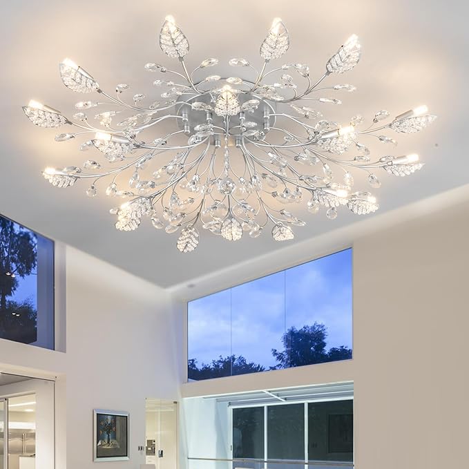 Modern Crystal Ceiling Light Fixture,Silvery Semi Flush Mount Chandeliers,Crystal Leaf Ceiling Light, Chandeliers for Dining Room,Living Room,Bedroom