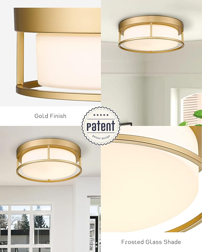LED Ceiling Light Fixture, 12 Inch 24W 950Lumens Flush Mount Light Fixture, Dimmable 3000K, Gold Finish with Opal Frosted Glass, Round Close to Ceiling Lights for Bedroom, Kitchen