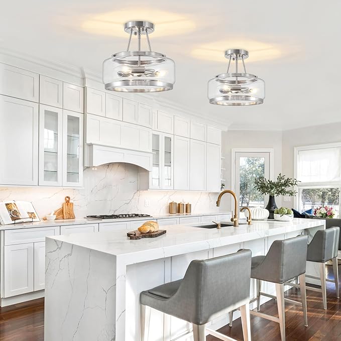 Brushed Nickel Modern Glass Ceiling Light, 3-Light Drum Semi Flush Mount Ceiling Light , Entryway Light Fixture, 11.81" Ceiling Lamp for Hallway Bedroom Laundry Room Dining Room Kitchen Light Fixtures