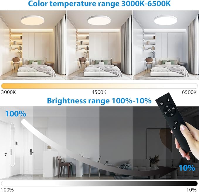 19.7 Inch Round LED Ceiling Light Fixture, 36W Dimmable Flush Mount Ceiling Lights with Remote, Modern Black Ceiling Light Fixture for Bedroom, Kitchen