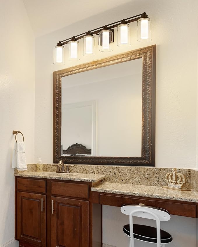 Bathroom Light Fixtures 6 Light, HWH Oil-Rubbed Bronze Vanity Light Over Mirror, 44 Inch Wall Lights with 36W 5CCT Dimmable LED, 5HLT63B-6W-LED ORB