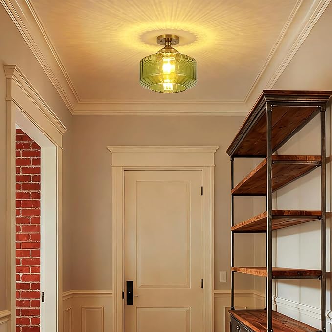 11.8in Semi Flush Mount Ceiling Light Fixture, Vintage Striated Glass Kitchen Lighting Fixtures Ceiling Mount for Entryway Hallway Bedroom Dining Room Bathroom Foyer Laundry (Green)