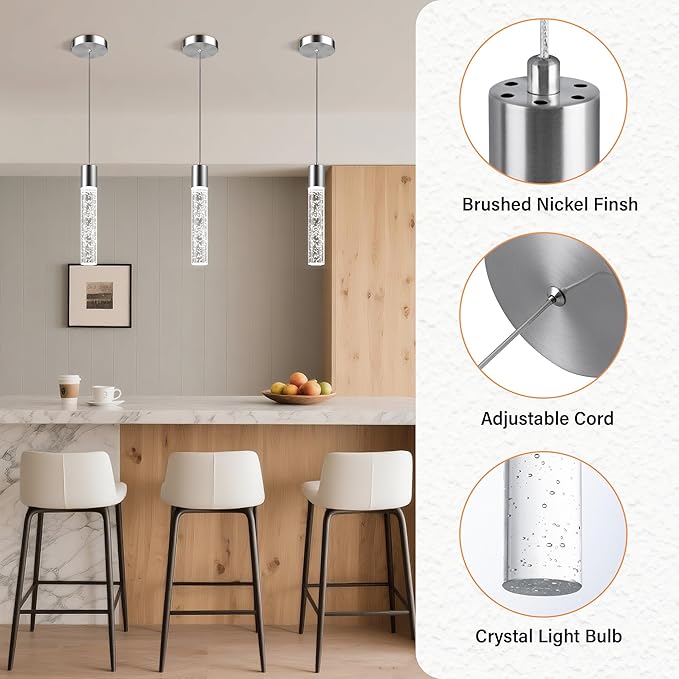 Pendant Lights Kitchen Island, 6500K Modern Kitchen Island Lights Brushed Nickel, 3 Pack Ceiling Lighting Fixtures with Crystal Bubble, Integrated LED Hanging Light for Dining Room Restaurant