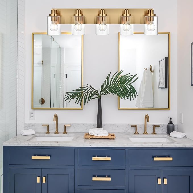 5 Light Bathroom Vanity Lights Brushed Brass Bathroom Lighting Fixtures Over Mirror with Clear Glass Shades, Modern Industrial Wall Sconces Vanity Lighting Fixture for Bedroom Living Room