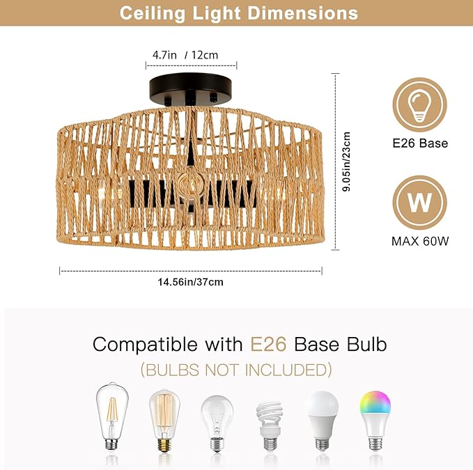 13.4" Boho Light Fixtures Flush Mount,Modern 4-Light Rattan Ceiling Light Fixtures,Flower-Shaped Close to Ceiling Light Fixture for Bedroom Nursery Hallway Kichen Room