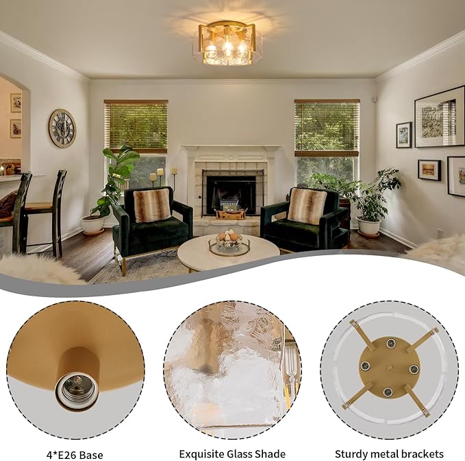 Gold Semi Flush Mount Ceiling Light Fixture, 17.7-Inch Farmhouse Modern Flush Mount Light Glass Drum Lights Foyer Lighting Fixtures for Kitchen Entryway Hallway Bathroom Bedroom Laundry Room
