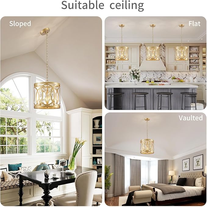 WUZUPS Crystal Chandelier 3-Light Vintage Farmhouse Pendant Ceiling Light Lighting Fixture for Foyer Diningroom Bedroom Hallway Storage Kitchen Bathroom, H 10.8" W 11.8", E12 Base, Gold