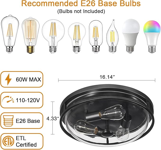 16 Inch Flush Mount Ceiling Light with Clear Glass Shade, 3-Light Indoor Outdoor Farmhouse Lighting Flush Mount Lights for Kitchen Bedroom Porch Living Dining Room(Large)