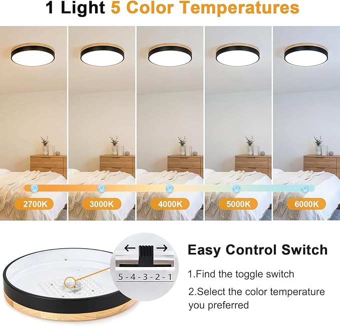 Modern Dimmable Wood Ceiling Light, Black Round LED Flush Mount Ceiling Lighting Fixtures, Minimalist Ceiling Lamp for Kitchen Bedroom Laundry Room Living Room Entryway Hallway&15.74 in