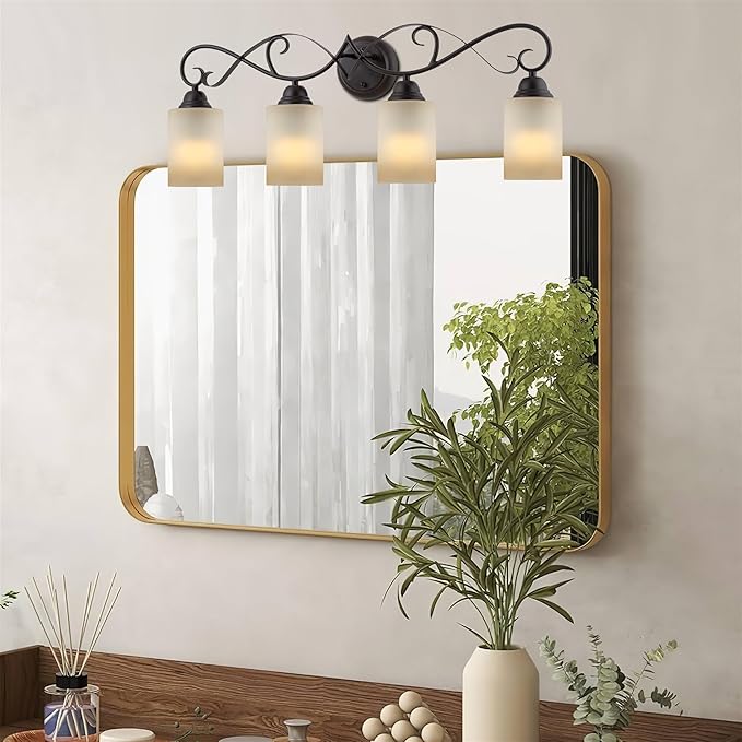 Kira Home Villa 31" Traditional 4-Light Bathroom Vanity Light with Scrollwork Design and Frosted Amber Glass Shades, Oil Rubbed Bronze Finish