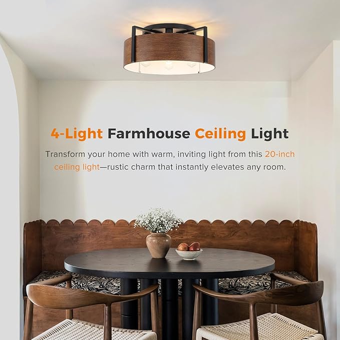 20'' Farmhouse Semi Flush Mount Ceiling Light, 4-Light Rustic Hallway Entryway Light Fixtures, Metal Wood Grain Finish Close to Ceiling Lights for Kitchen Dining Room Bedroom Living Room Foyer