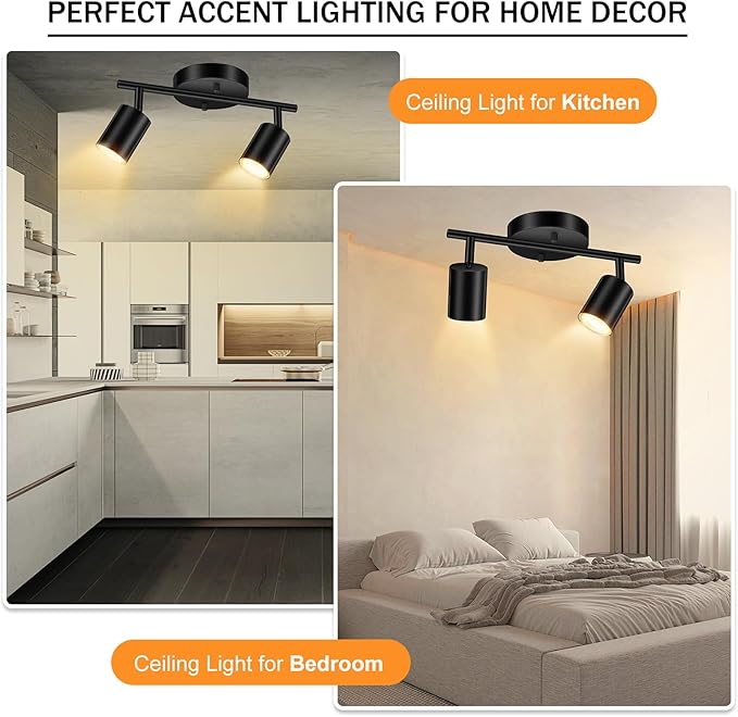 Black Track Lighting Ceiling, 2 Lights Track Lighting for Kitchen, Modern Track Lights Fixtures Ceiling Kit, Rotatable Track Heads, Wall Mount Spot Lighting for Living Room/Bedroom(Bulb Not Included)