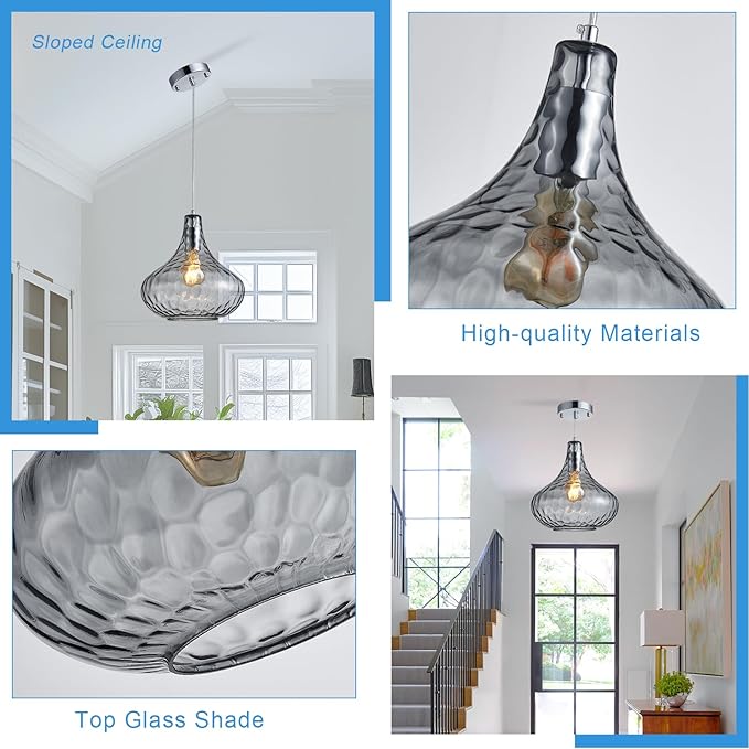 Hammered Glass Pendant Light - 11" Vintage Industrial Farmhouse Fixture for Kitchen Island, Dining Room & Entryway, Smoke Gray Ceiling Hanging Light with Chrome Finish,Easy Install Modern Chandelier