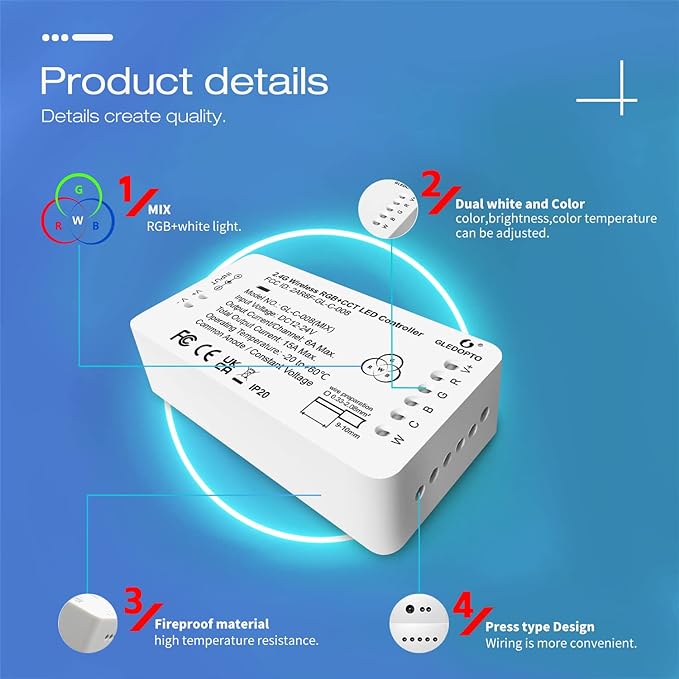 GLEDOPTO ZigBee 3.0 LED Strip Controller RGB+CCT Mix Dimmable Compatible with SmartThings Amazon Echo Plus App/Voice Control for RGB Warm White Cold White LED Strip Light (Require ZigBee Hub)